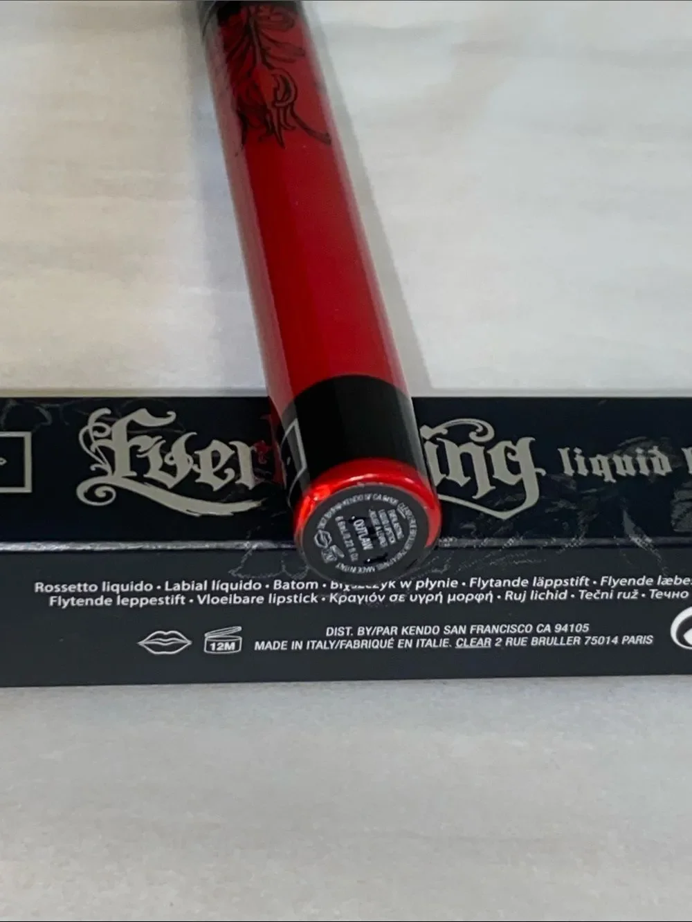 Kat Von D Red Everlasting Liquid Lipstick Outlaw Color with Black Floral Cap